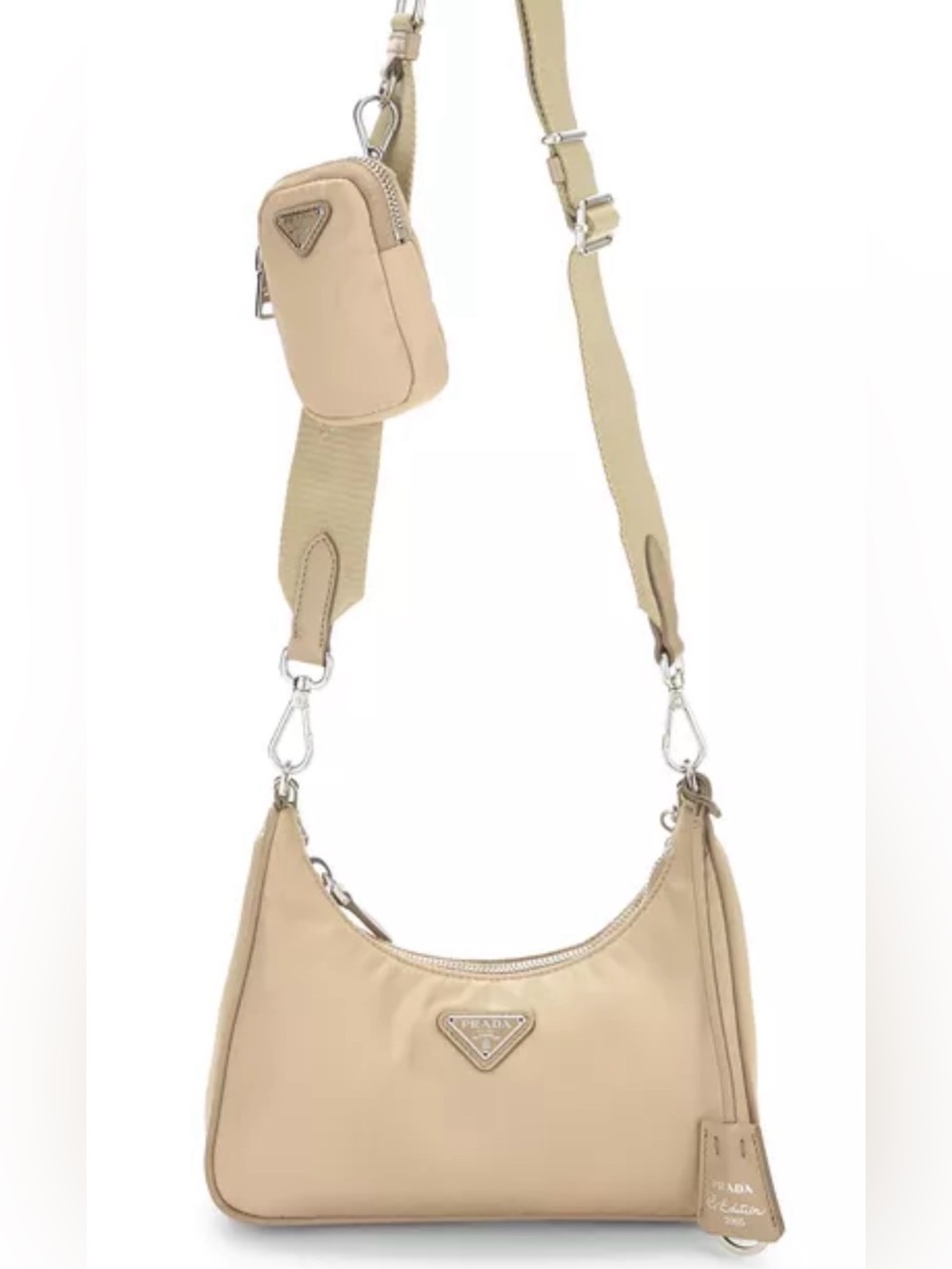 PRADA Beige Re-Nylon Shoulder Bag Chain Strap Detach Strap Coin Pouch